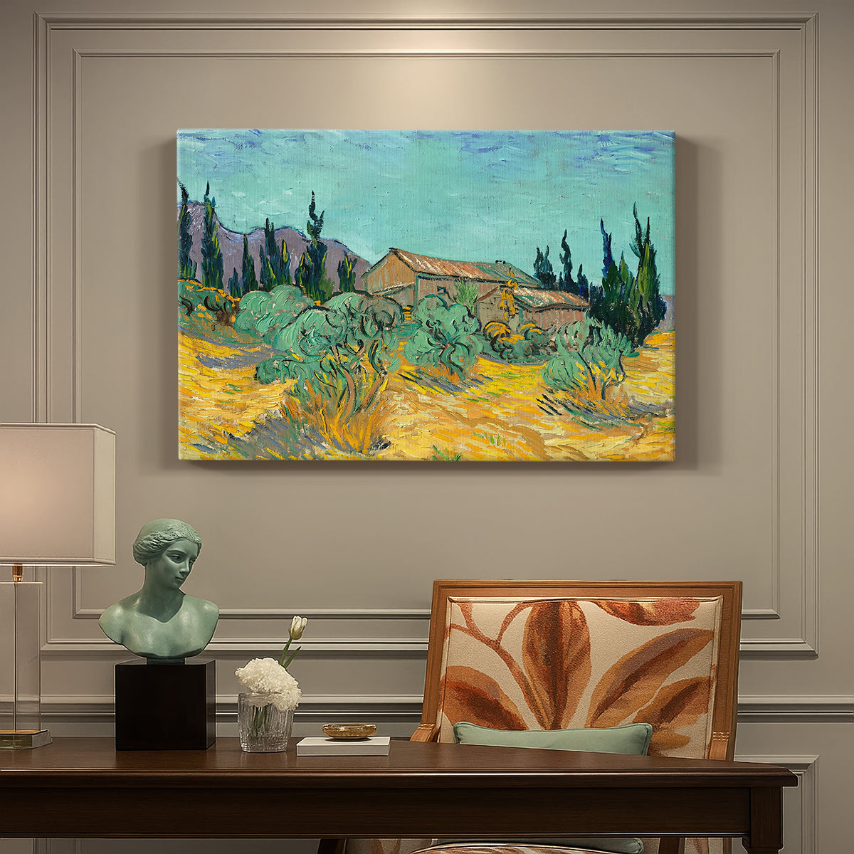 Canvas art print featuring rustic sheds surrounded by olive trees and tall cypresses in rural landscape, presented within a refined interior setting