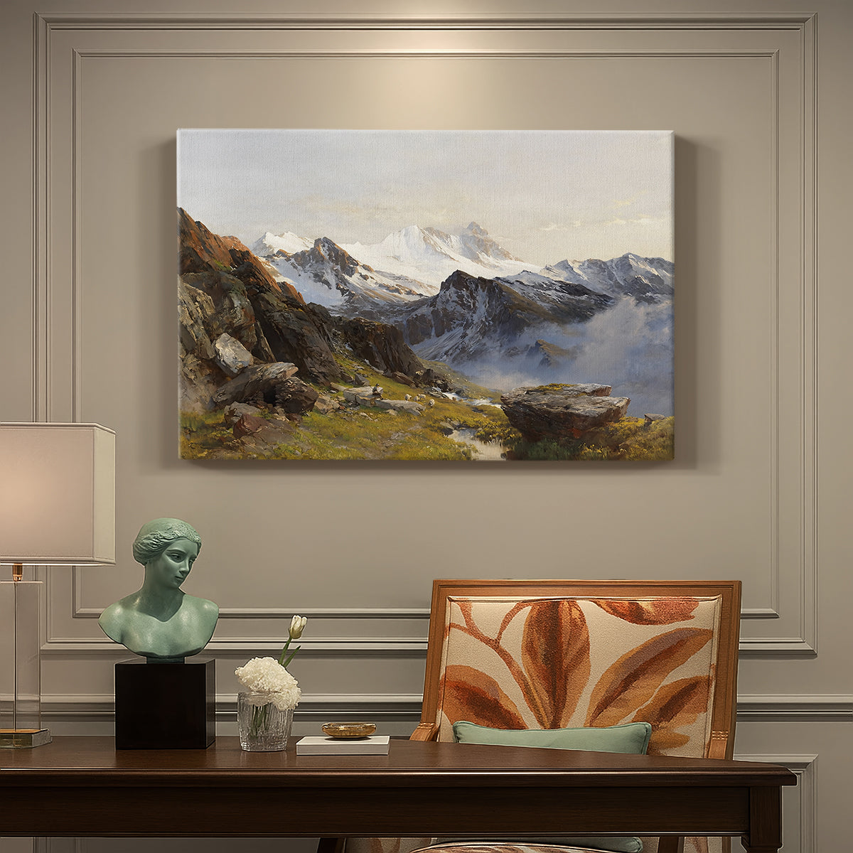 Canvas art print featuring a view of Großglockner peak from alpine hut overlooking valley, presented within a refined interior setting