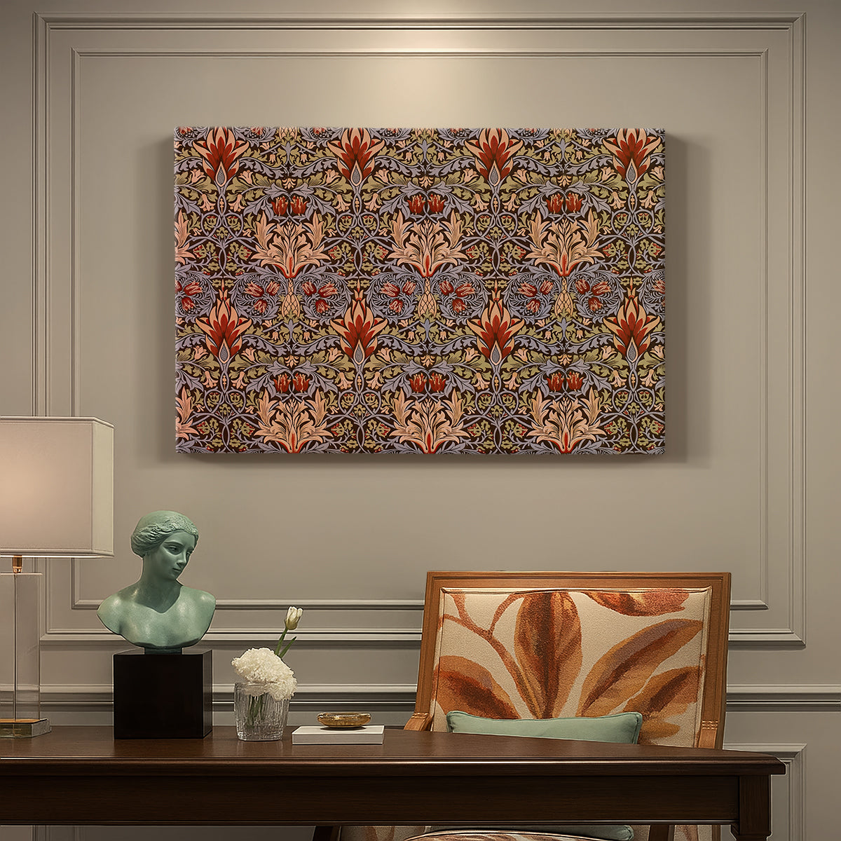 Canvas art print featuring a repeating pattern of stylized flowers with warm red tones and curved stems, presented within a refined interior setting