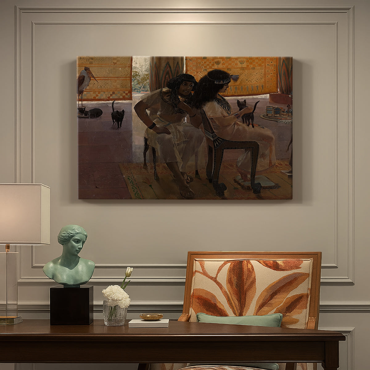 Canvas art print featuring ancient Egyptian figures gathered in ceremonial or architectural setting, presented within a refined interior setting