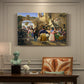 Canvas art print featuring a group of people eating and drinking together in lively tavern setting, presented within a refined interior setting