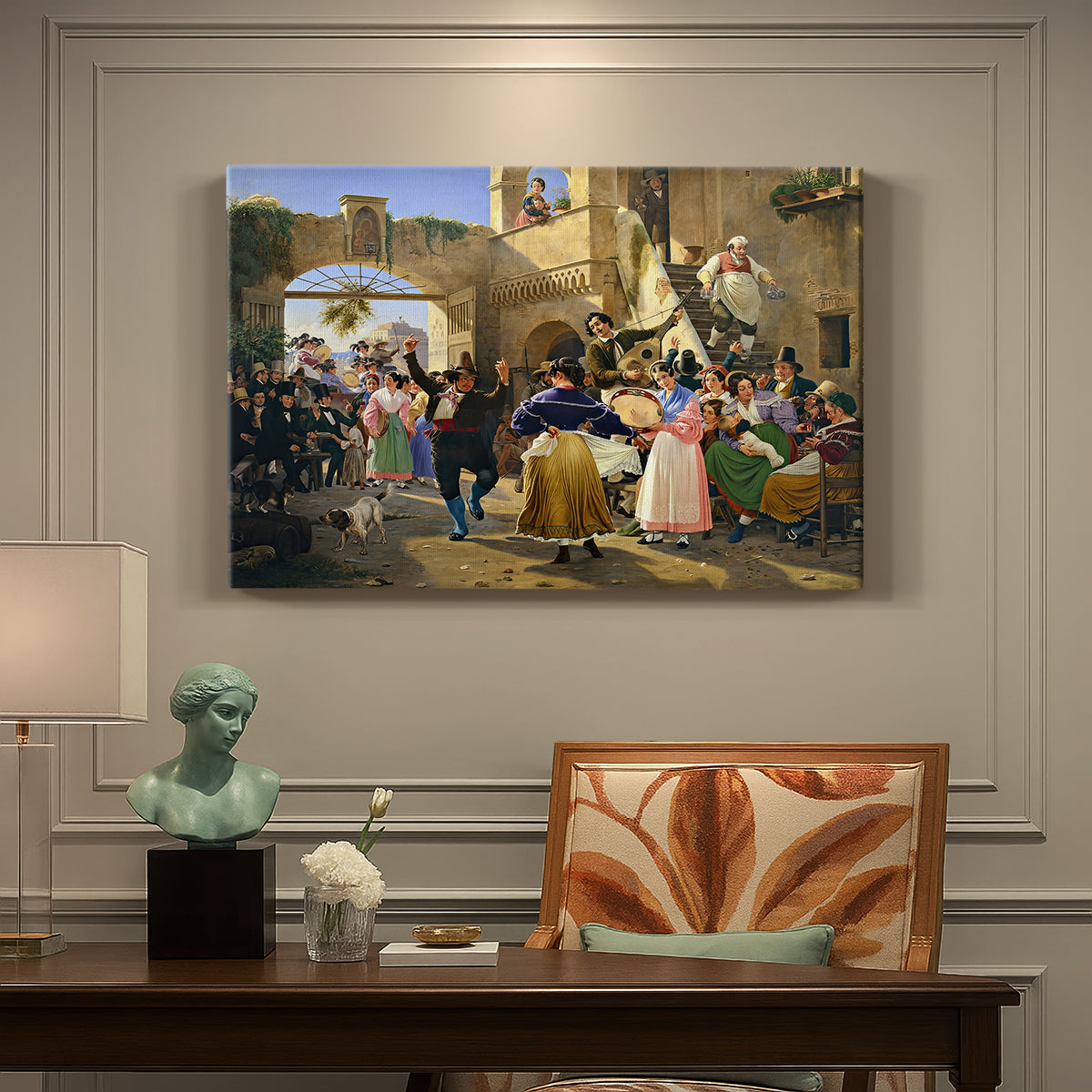 Canvas art print featuring a group of people eating and drinking together in lively tavern setting, presented within a refined interior setting