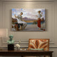 Canvas art print featuring a woman holding thread while another figure helps wind yarn in classical setting, presented within a refined interior setting
