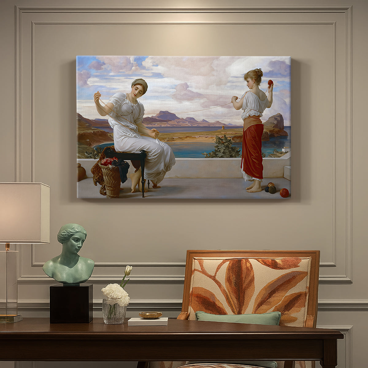 Canvas art print featuring a woman holding thread while another figure helps wind yarn in classical setting, presented within a refined interior setting