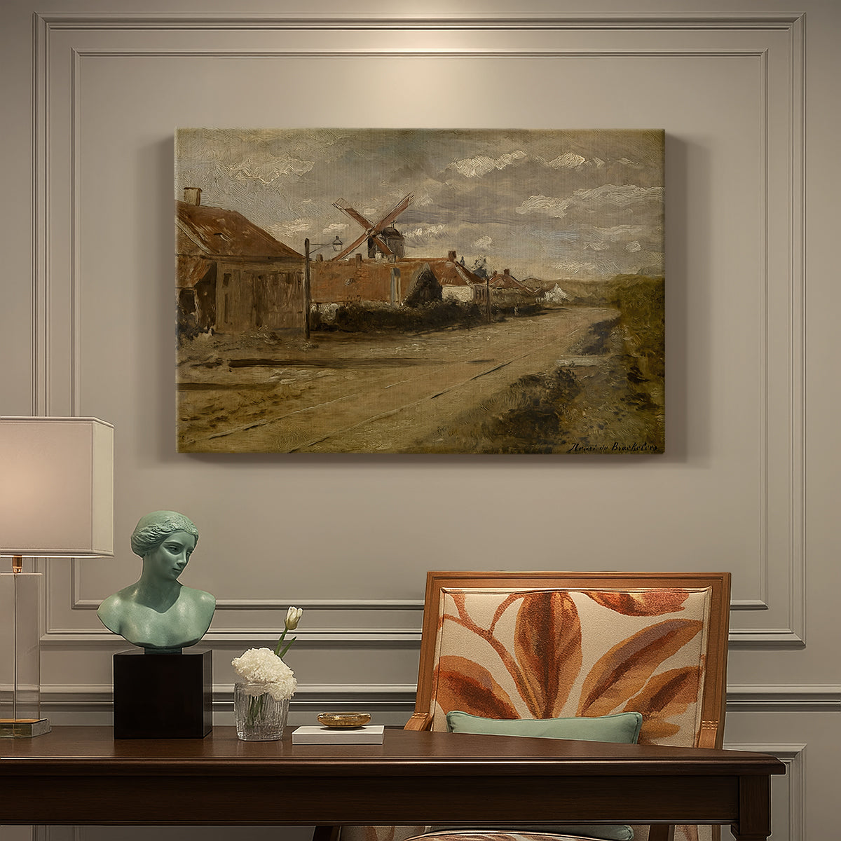 Canvas art print featuring a mill building beside water in quiet rural landscape, presented within a refined interior setting