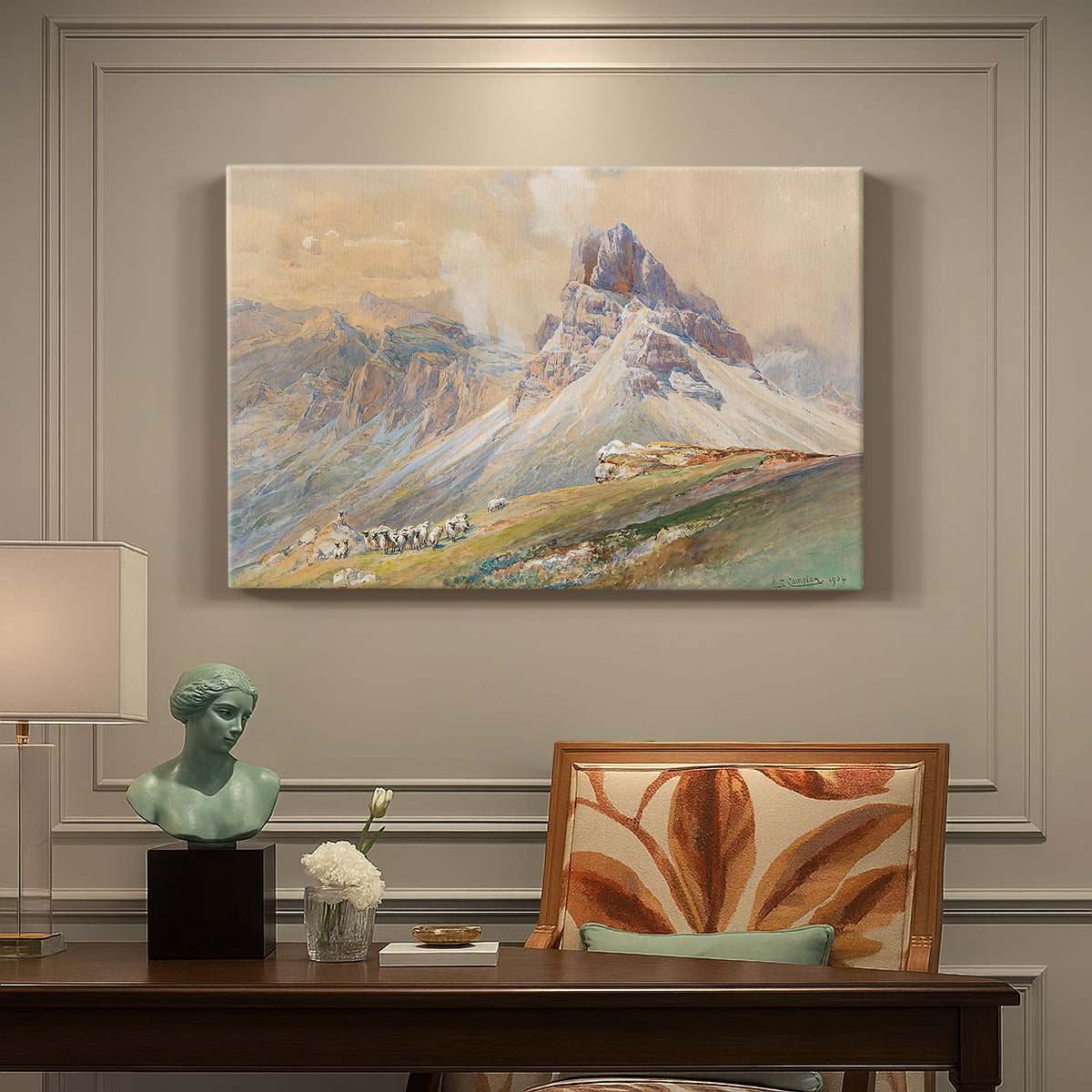 Canvas art print featuring dramatic Dolomite mountain peaks rising above rugged terrain, presented within a refined interior setting