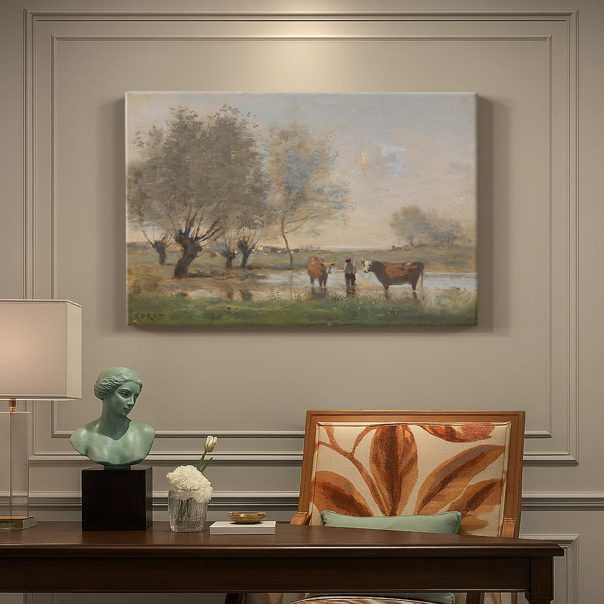 Canvas art print featuring a cows standing in wetland landscape with trees and water, presented within a refined interior setting