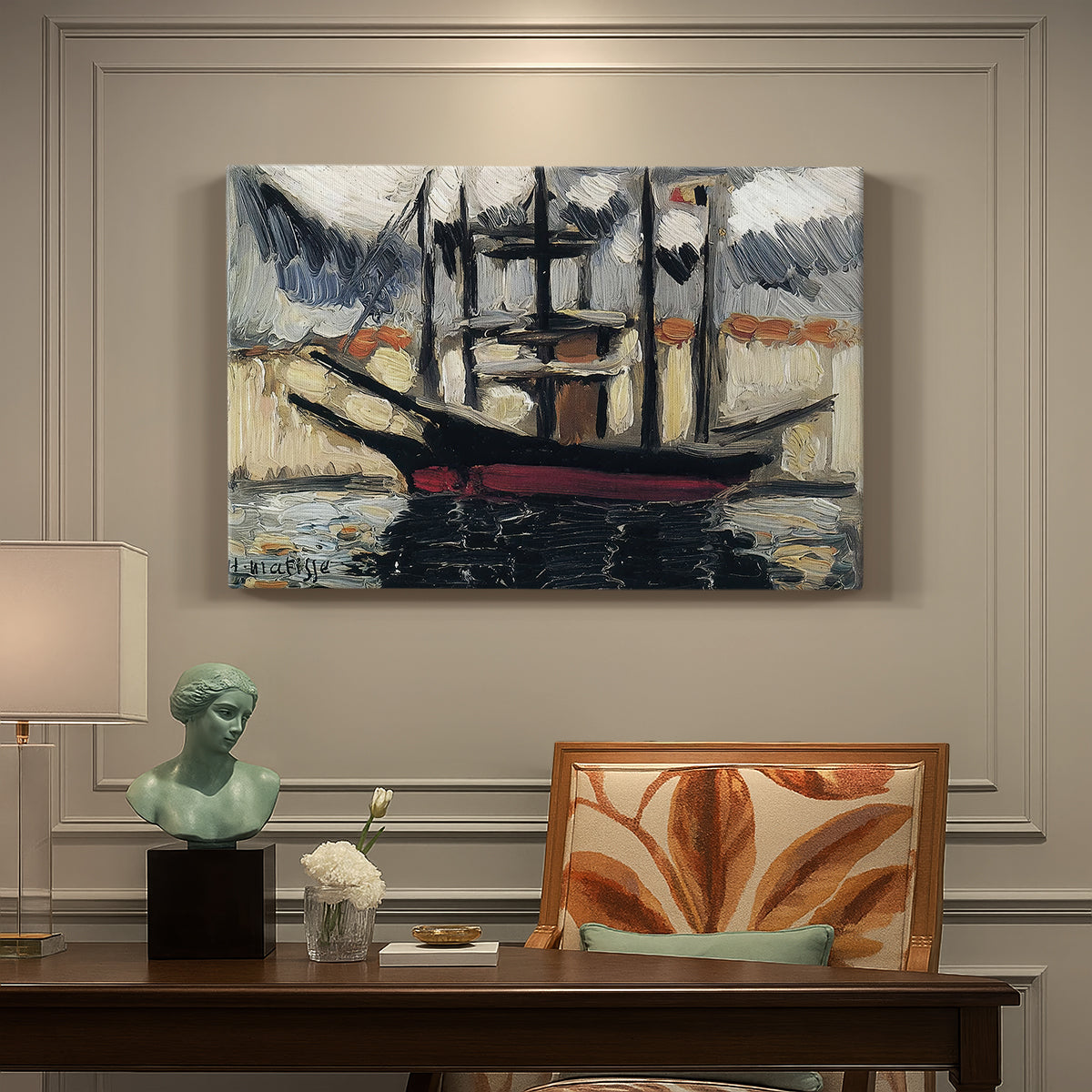 Canvas art print featuring two boats moored side by side with masts, presented within a refined interior setting