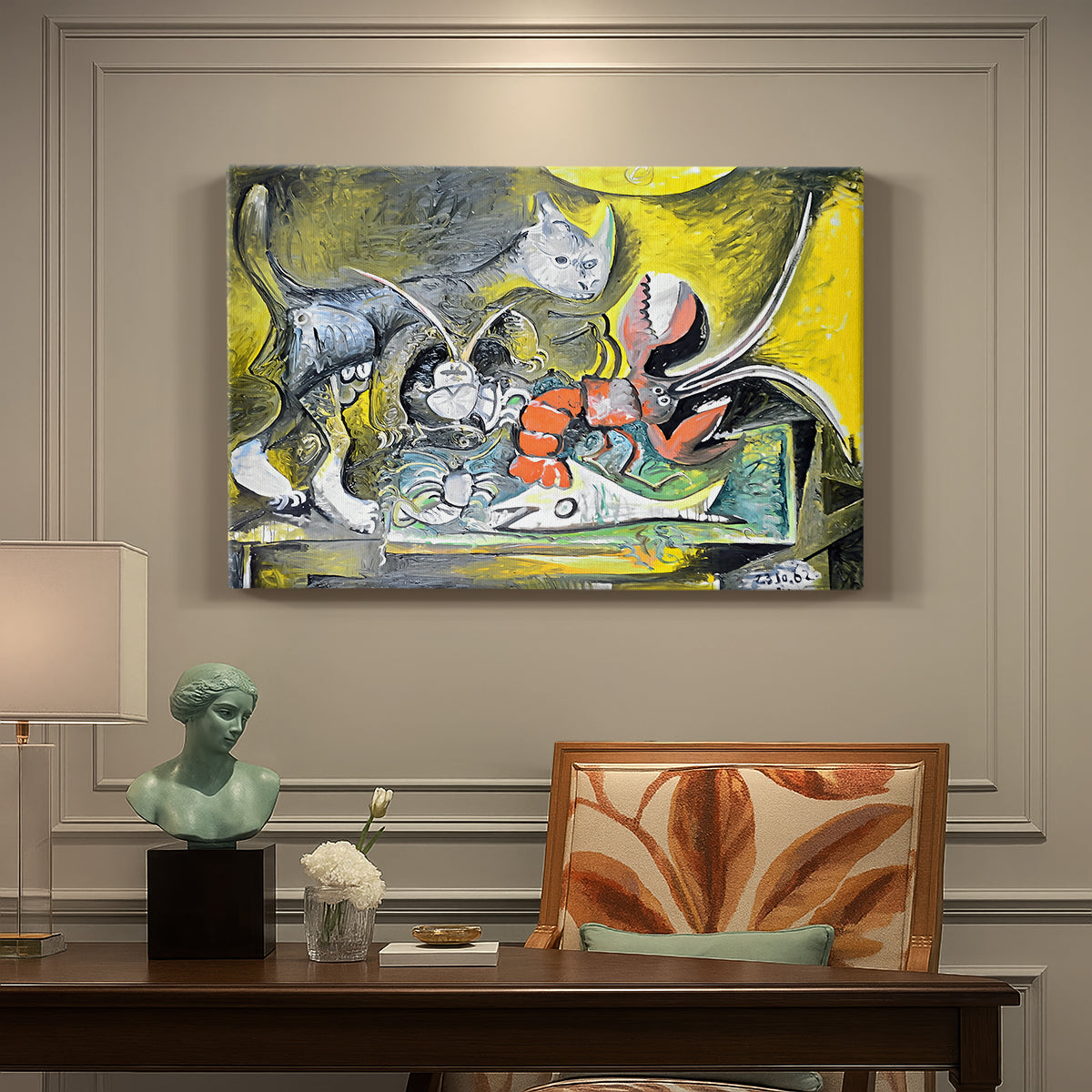 Canvas art print featuring an abstract still life combining cat and lobster, presented within a refined interior setting
