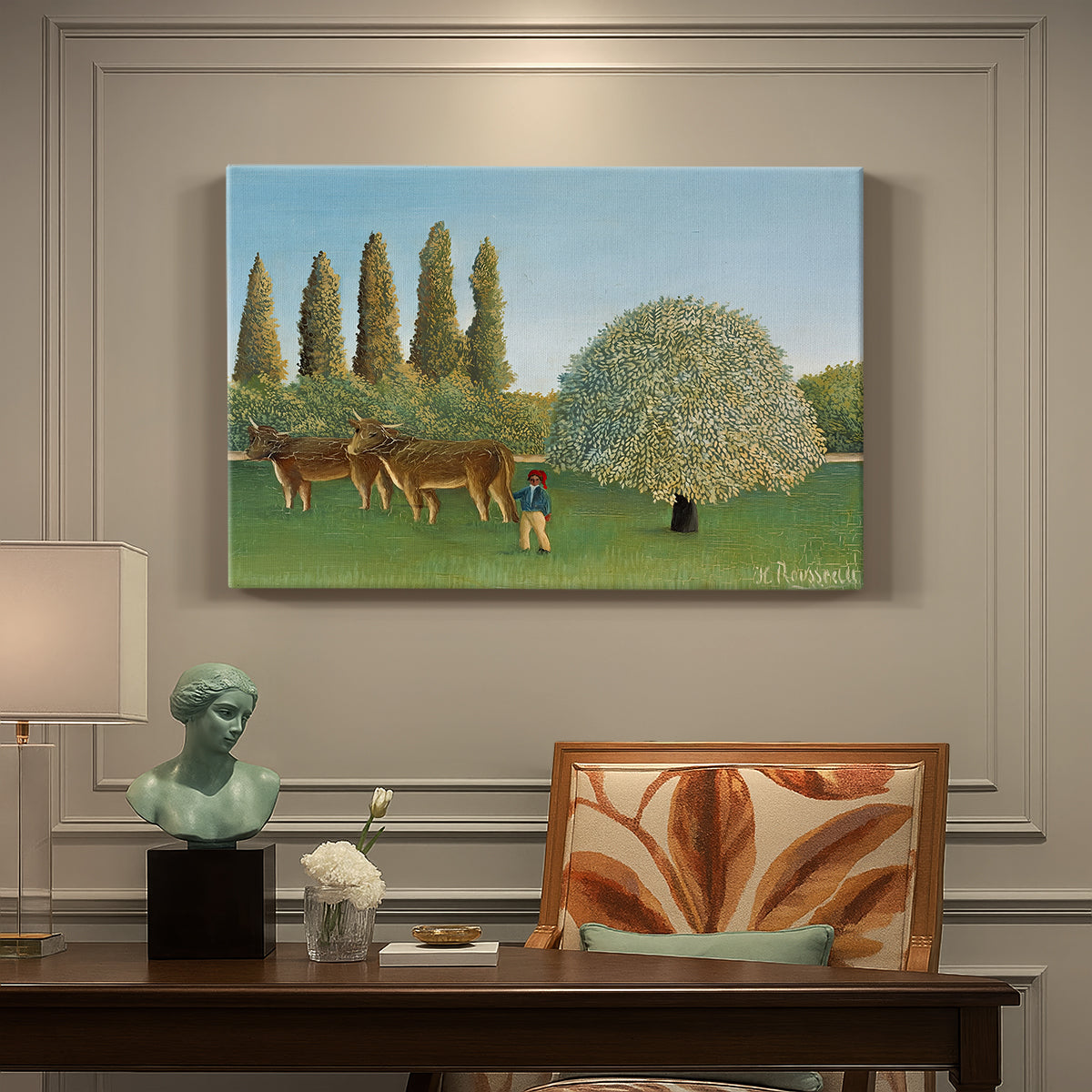 Canvas art print featuring grazing animals in open meadow with trees and simple landscape, presented within a refined interior setting