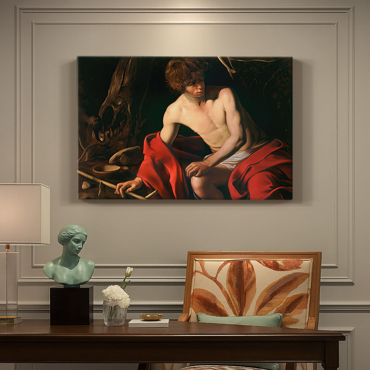 Canvas art print featuring a young Saint John seated in wilderness with staff and red drapery, presented within a refined interior setting