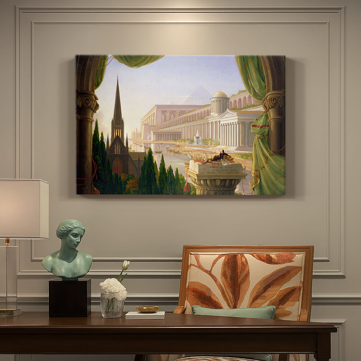 Canvas art print featuring a grand architectural fantasy with multiple historical structures in unified composition, presented within a refined interior setting