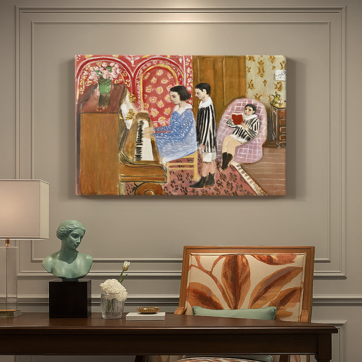 Canvas art print featuring an interior scene with figures around a piano, presented within a refined interior setting
