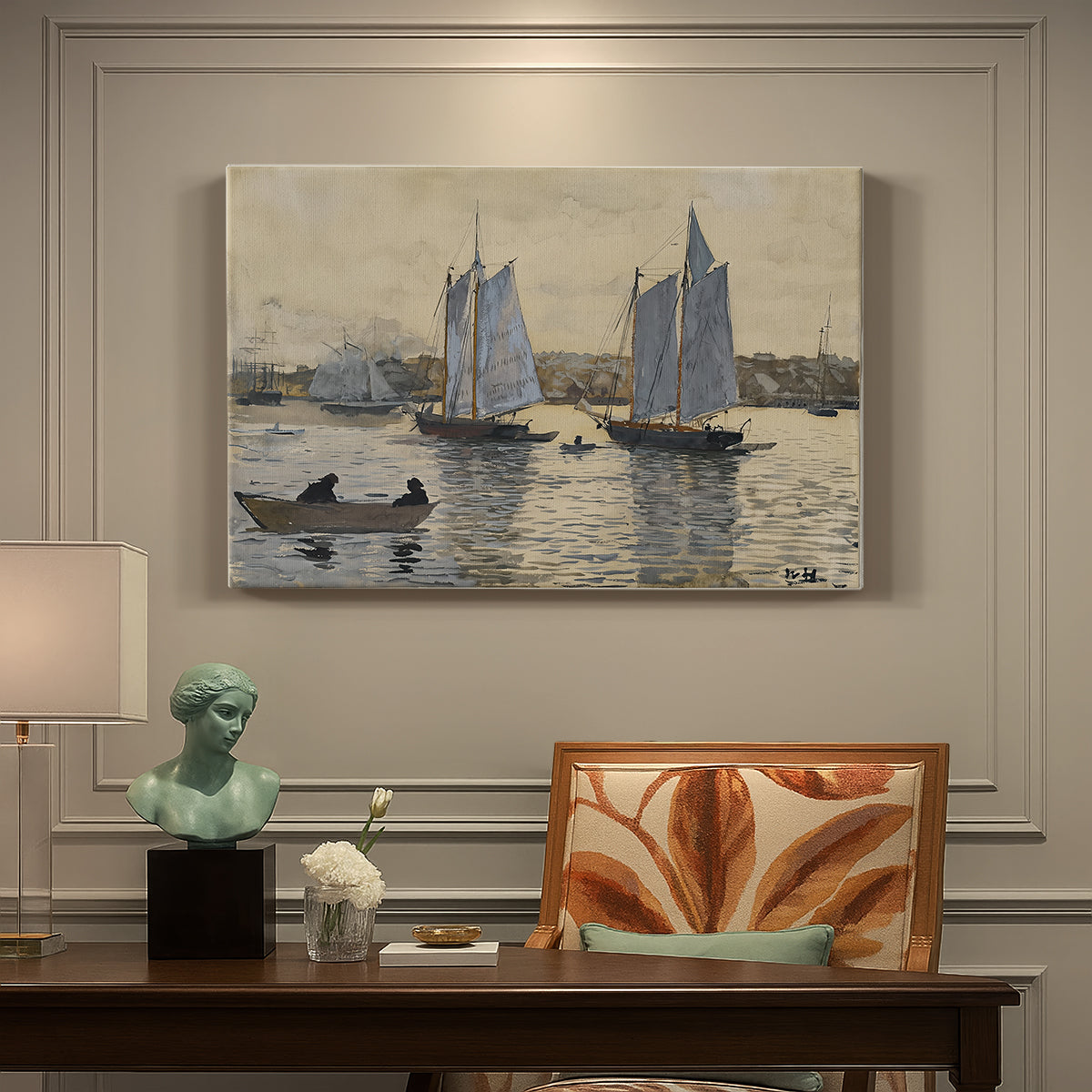 Canvas art print featuring two sailing ships positioned side by side on calm water, presented within a refined interior setting