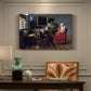 Canvas art print featuring a woman seated at table with man offering glass of wine in interior, presented within a refined interior setting