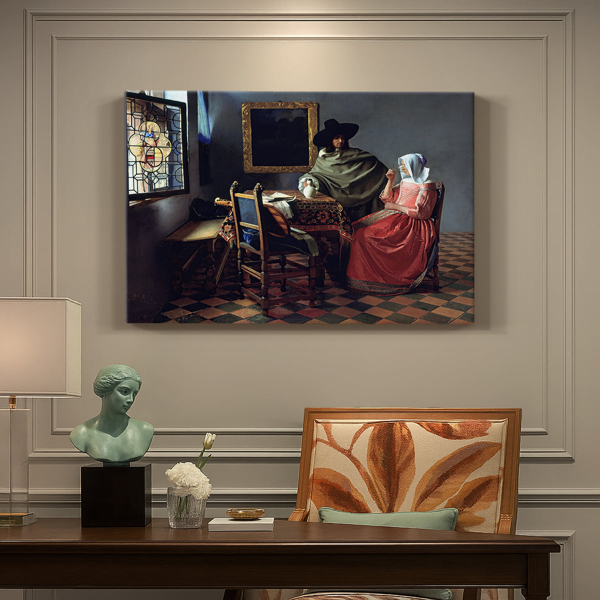 Canvas art print featuring a woman seated at table with man offering glass of wine in interior, presented within a refined interior setting