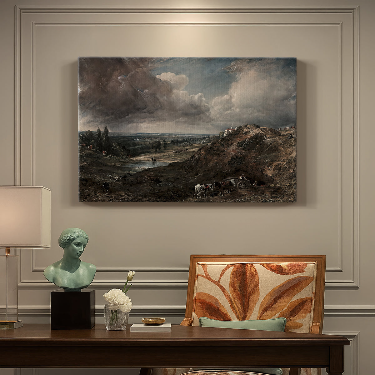 Canvas art print featuring a pond surrounded by trees under open sky, presented within a refined interior setting