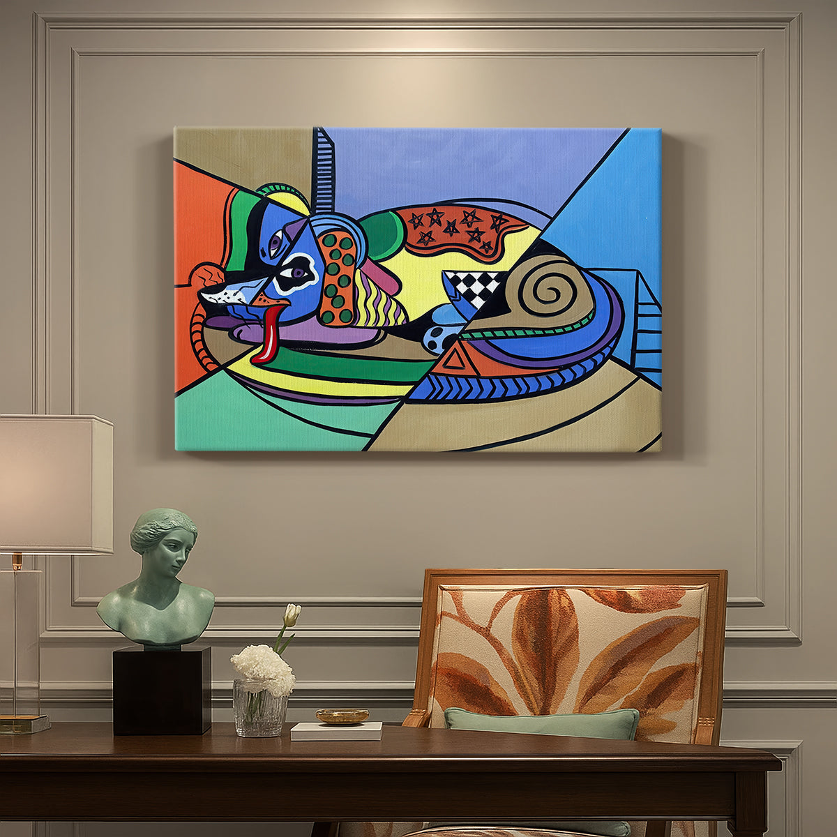 Canvas art print featuring a colorful geometric dog composed of bold shapes, presented within a refined interior setting