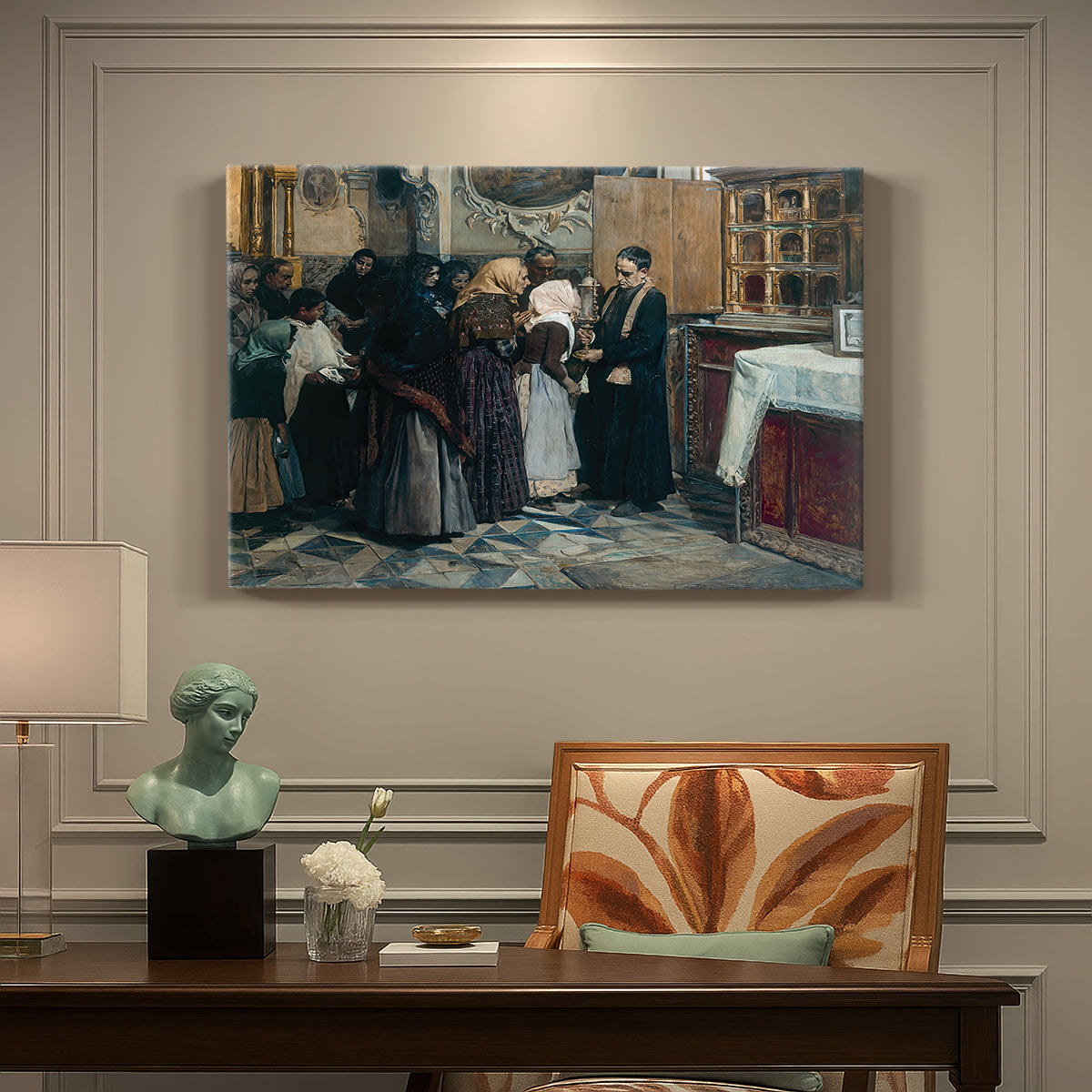 Canvas art print featuring figures gathered indoors kissing religious relic in ceremonial setting, presented within a refined interior setting