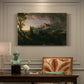 Canvas art print featuring an untamed wilderness landscape with scattered figures and primitive activity, presented within a refined interior setting