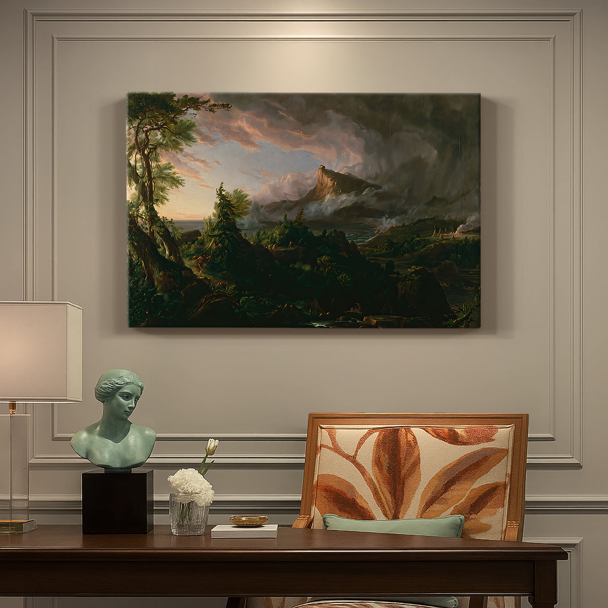 Canvas art print featuring an untamed wilderness landscape with scattered figures and primitive activity, presented within a refined interior setting