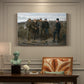 Canvas art print featuring a group of soldiers standing together in outdoor setting with guarded figures, presented within a refined interior setting