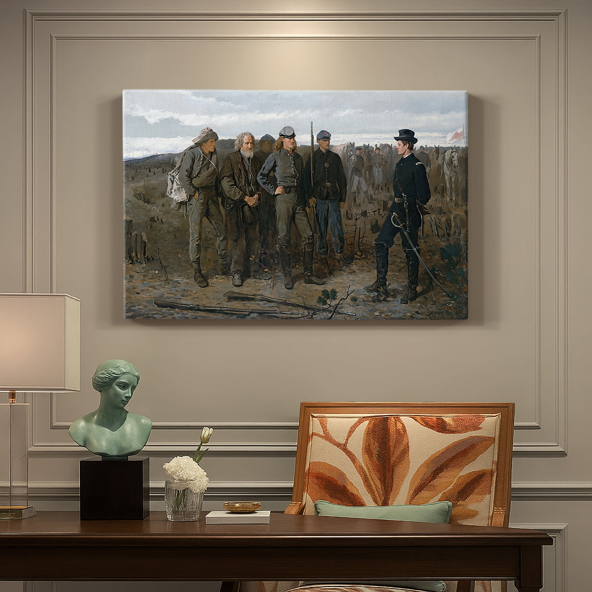Canvas art print featuring a group of soldiers standing together in outdoor setting with guarded figures, presented within a refined interior setting