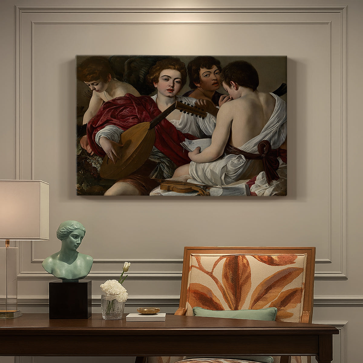 Canvas art print featuring a group of young men gathered together playing music with instruments, presented within a refined interior setting