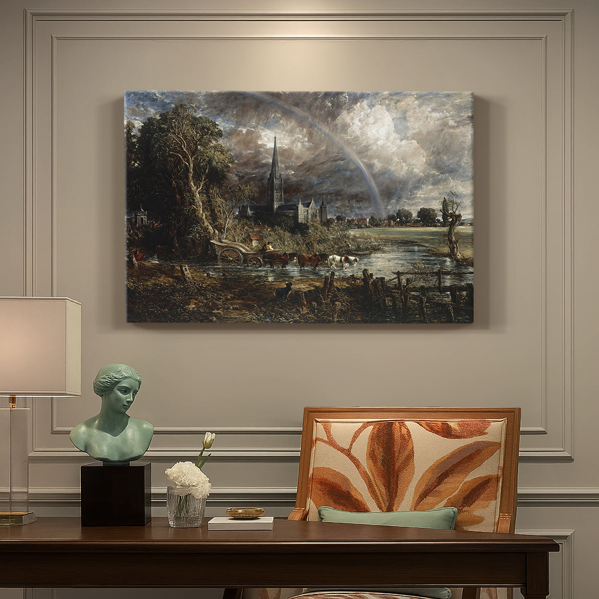 Canvas art print featuring a close view of cathedral and landscape elements, presented within a refined interior setting
