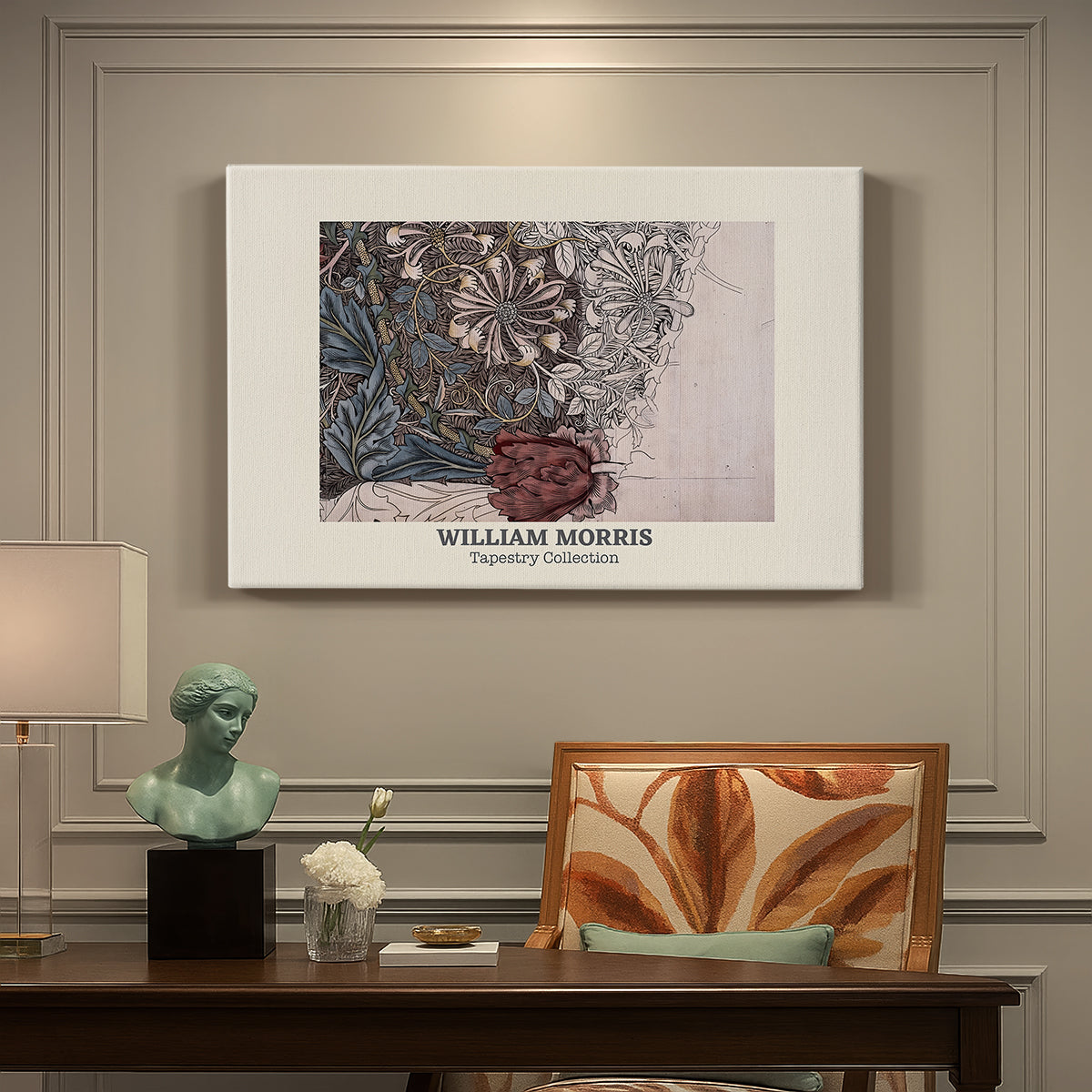 Canvas art print featuring a repeating pattern of intertwining vines, leaves, and flowers arranged in dense textile design, presented within a refined interior setting
