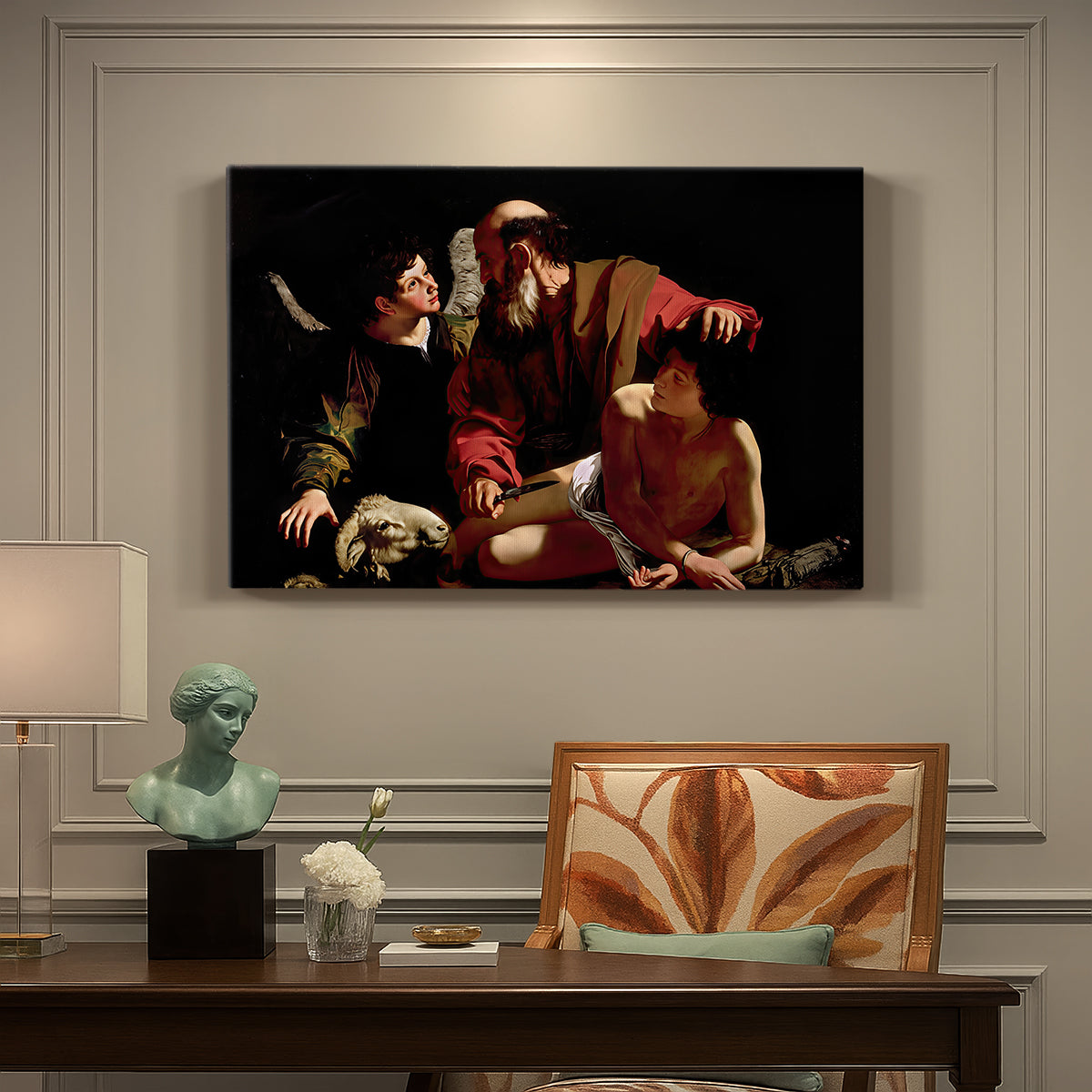 Canvas art print featuring Abraham holding Isaac while angel intervenes to stop the sacrifice, presented within a refined interior setting