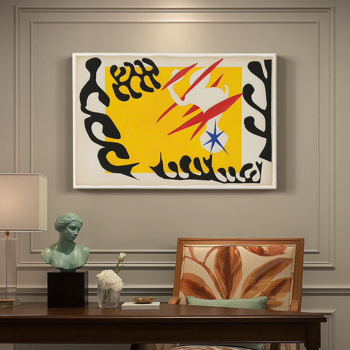 Canvas art print featuring an abstract cut-out composition suggesting an elephant, presented within a refined interior setting