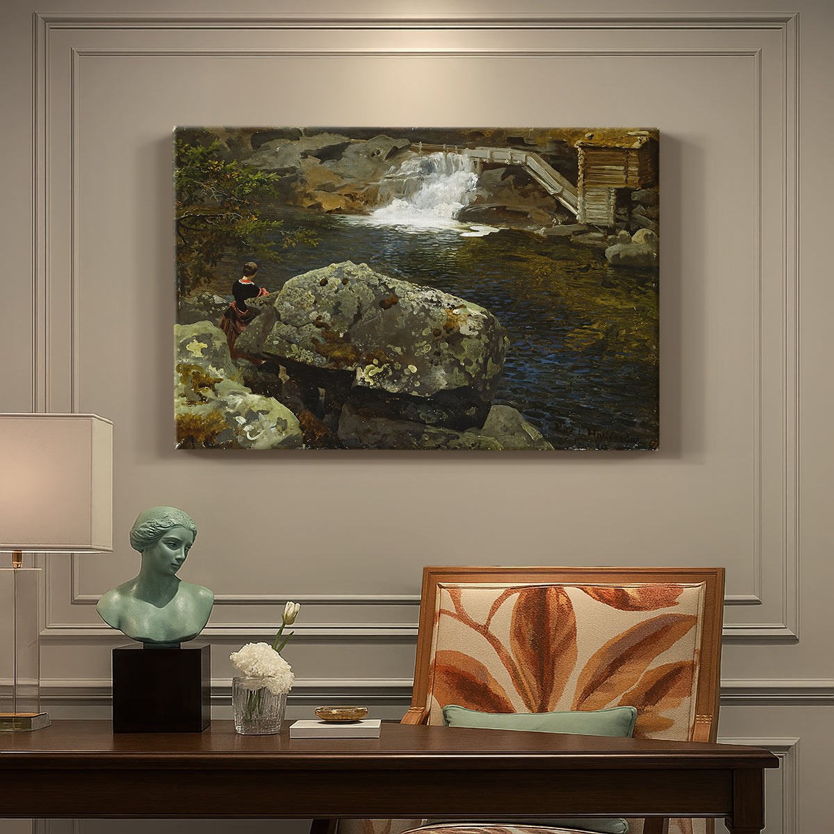 Canvas art print featuring a small pond beside mill surrounded by trees and greenery, presented within a refined interior setting