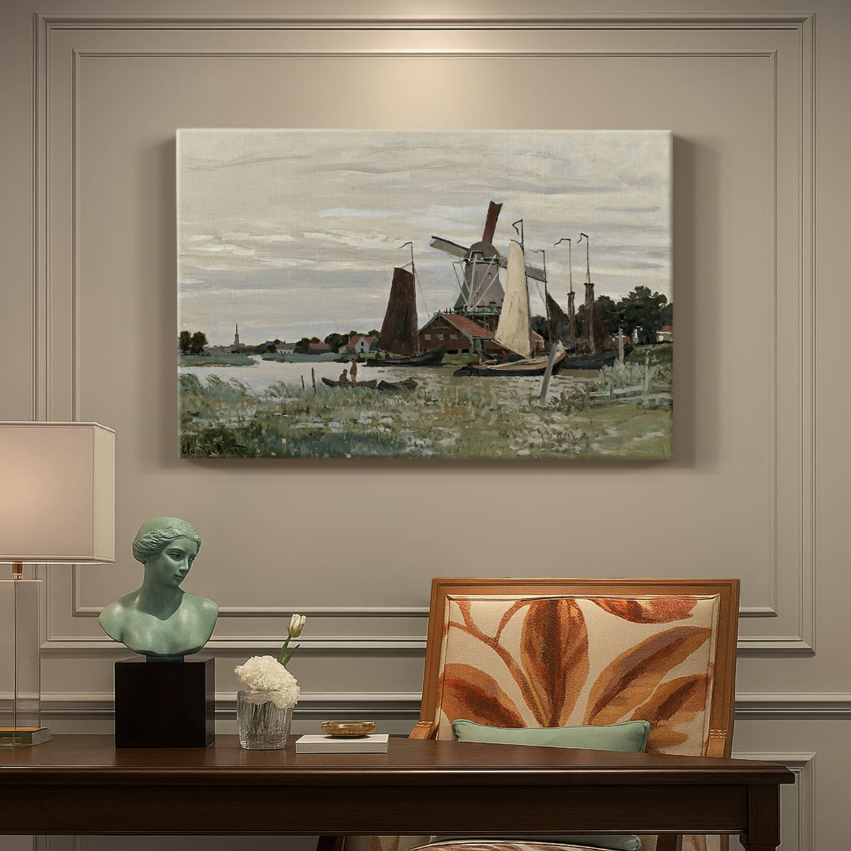 Canvas art print featuring a single windmill beside water with surrounding buildings and sky, presented within a refined interior setting