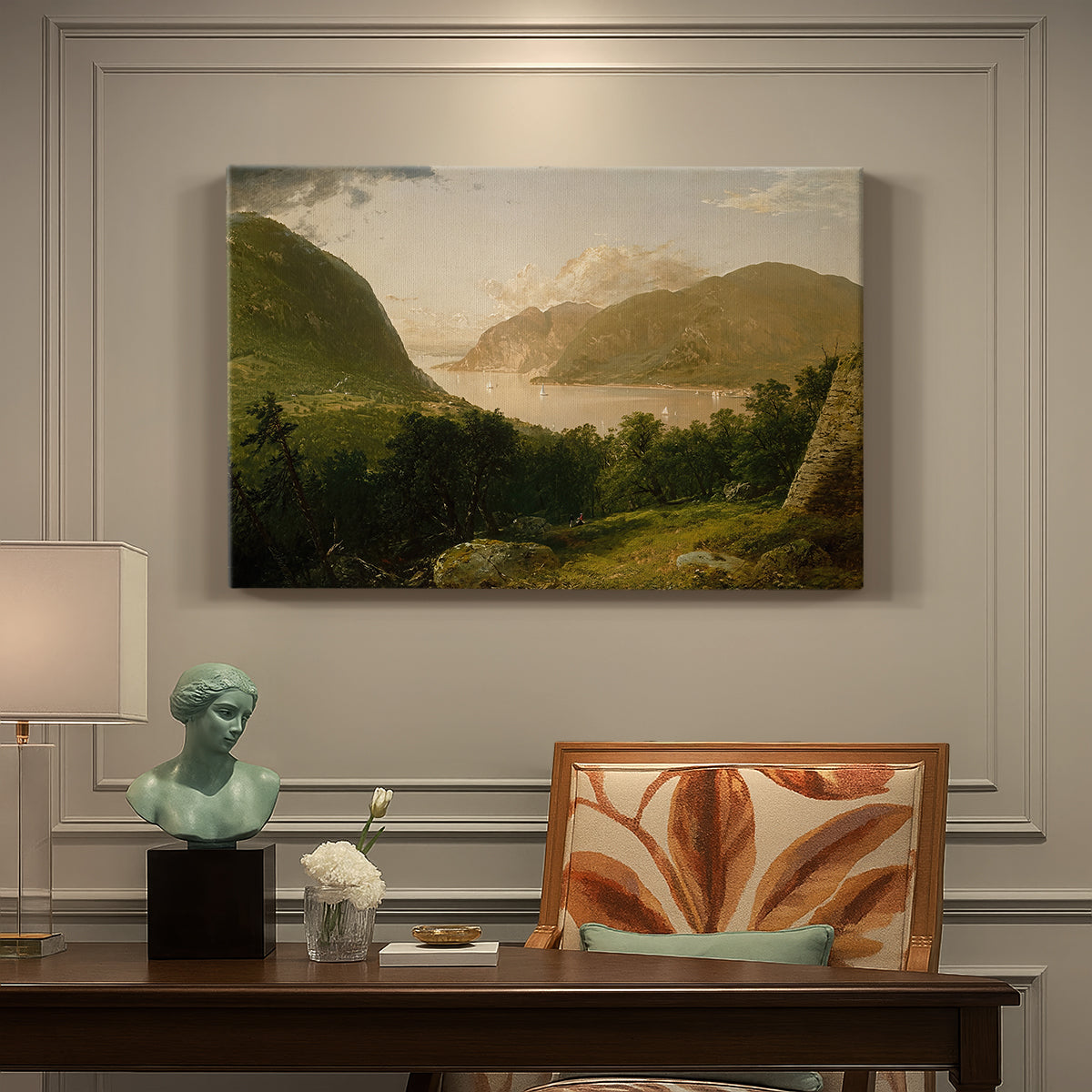 Canvas art print featuring a calm river landscape with trees and distant hills under soft light, presented within a refined interior setting