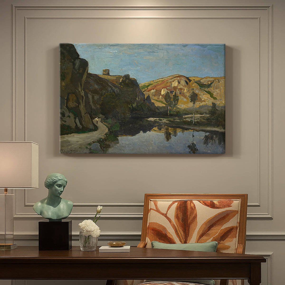 Canvas art print featuring a river flowing between rocky cliffs under open sky, presented within a refined interior setting