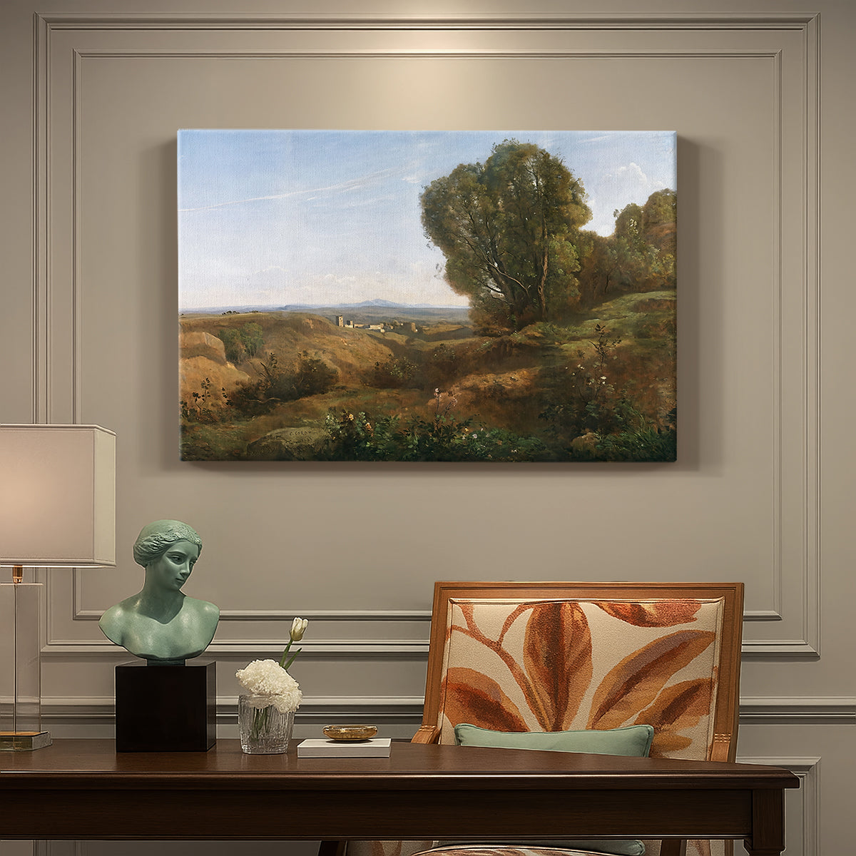 Canvas art print featuring a peaceful landscape with trees and distant horizon under soft light, presented within a refined interior setting