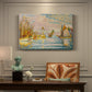 Canvas art print featuring a pointillist landscape of lighthouse and boats, presented within a refined interior setting