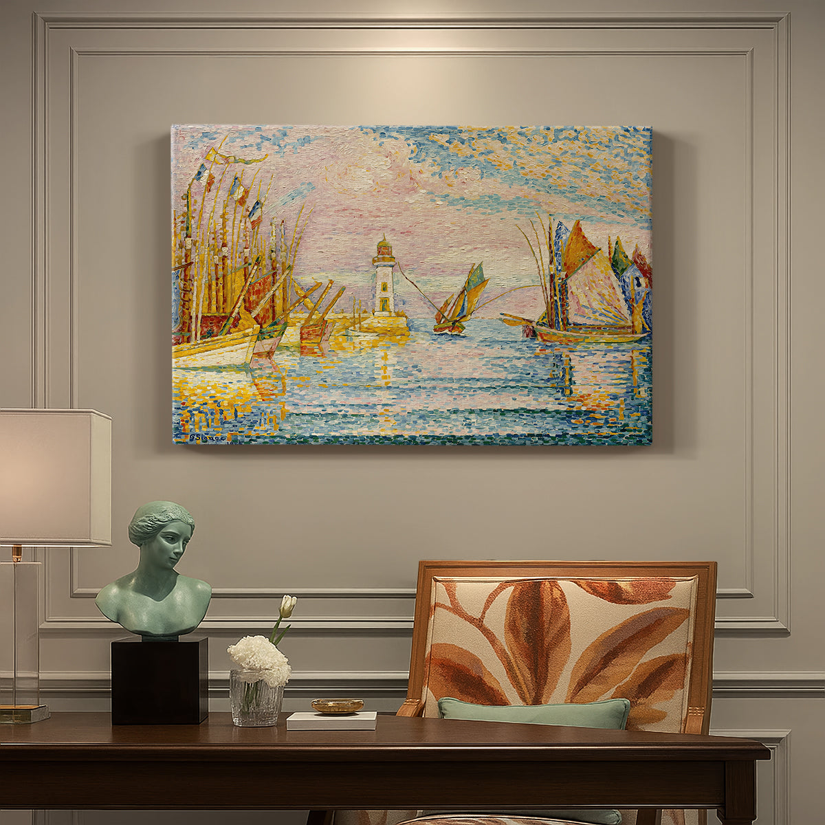 Canvas art print featuring a pointillist landscape of lighthouse and boats, presented within a refined interior setting