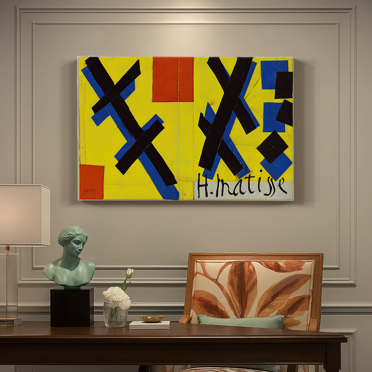Canvas art print featuring an abstract graphic design with bold shapes and color blocks arranged symmetrically, presented within a refined interior setting
