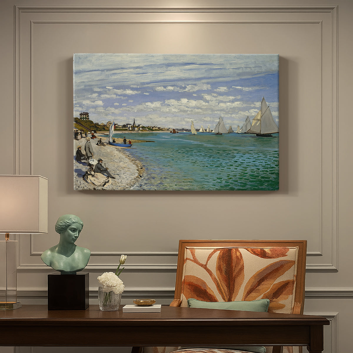 Canvas art print featuring sailboats gathered near shore with flags and spectators along coastline, presented within a refined interior setting