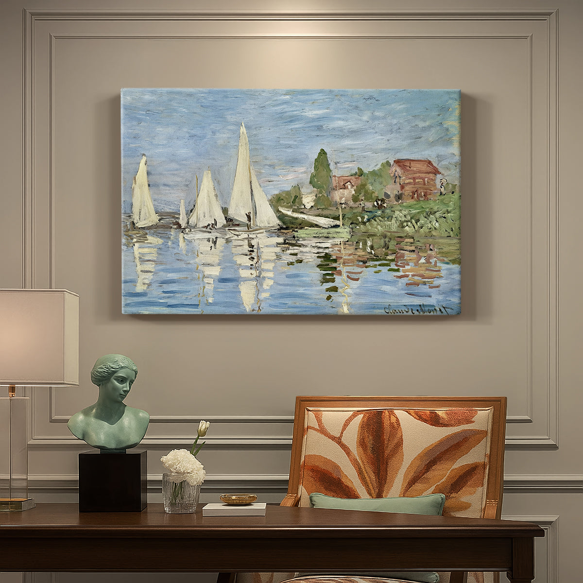 Canvas art print featuring colorful sailboats racing across river under bright sky, presented within a refined interior setting