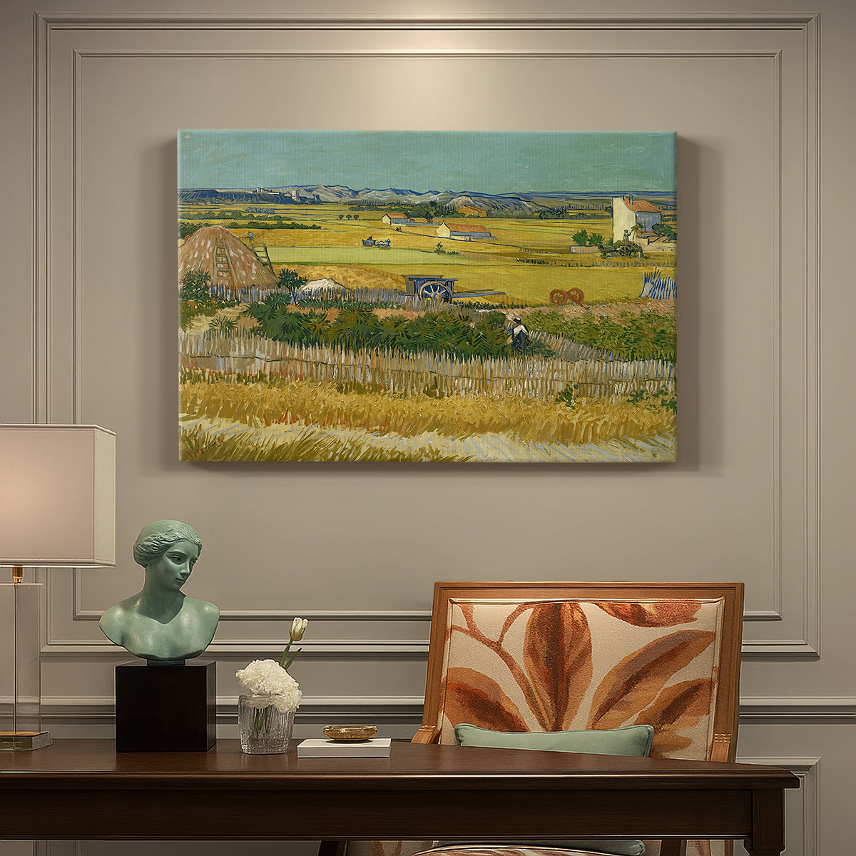 Canvas art print featuring an expansive farmland with workers harvesting crops under bright sky, presented within a refined interior setting