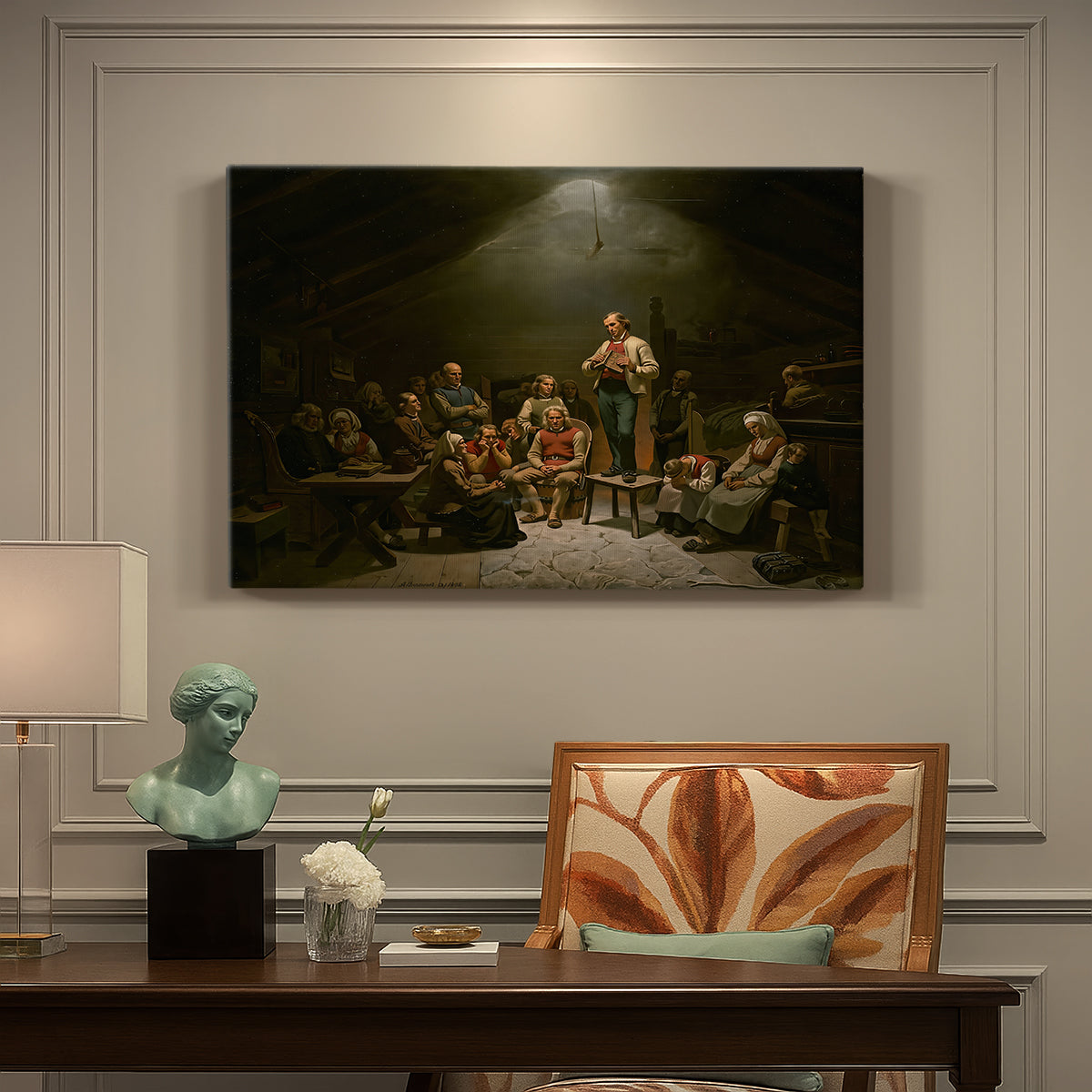 Canvas art print featuring a group of worshippers gathered in a dark interior engaged in religious devotion, presented within a refined interior setting
