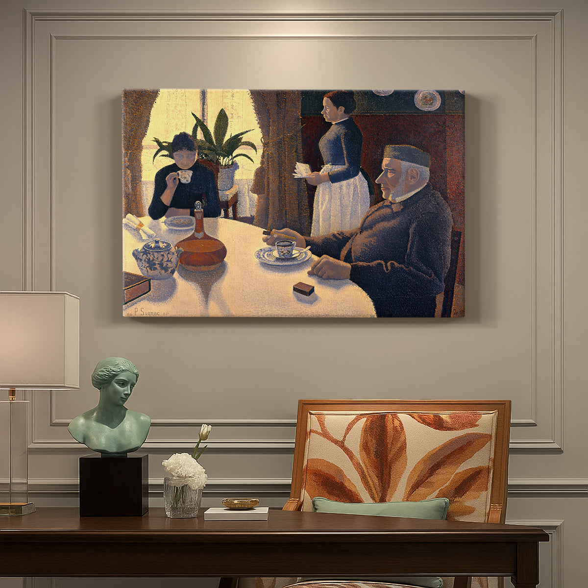 Canvas art print featuring figures seated around table in pointillist interior, presented within a refined interior setting