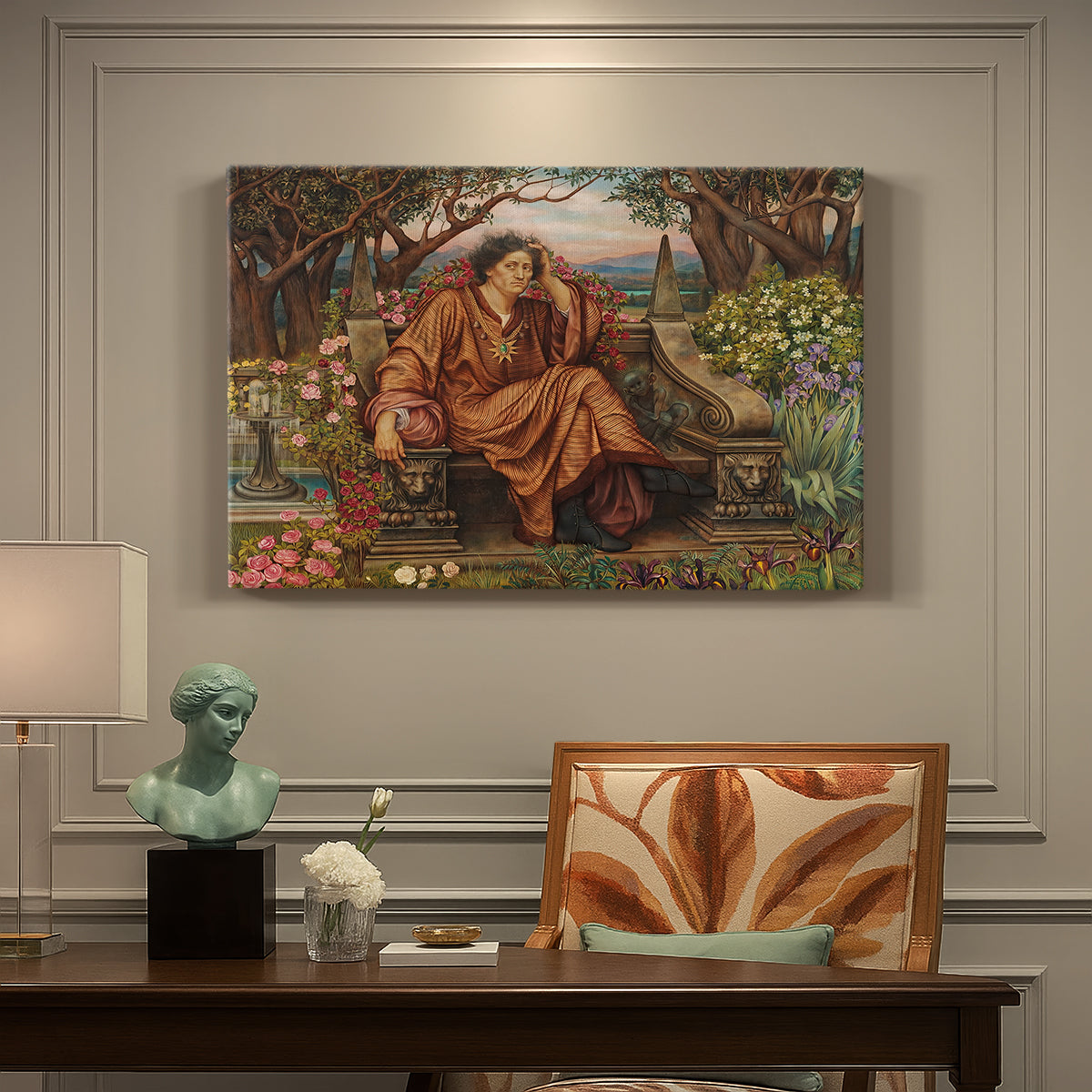 Canvas art print featuring a distressed figure surrounded by flames and torment in symbolic hell scene, presented within a refined interior setting