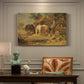 Canvas art print featuring farm animals gathered together feeding in outdoor setting, presented within a refined interior setting