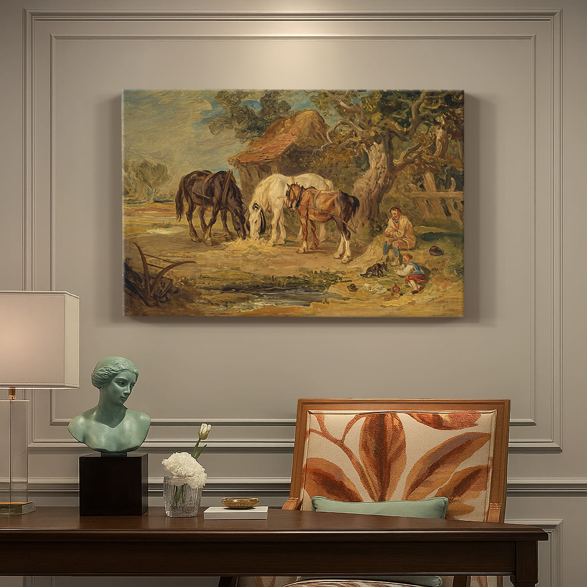 Canvas art print featuring farm animals gathered together feeding in outdoor setting, presented within a refined interior setting