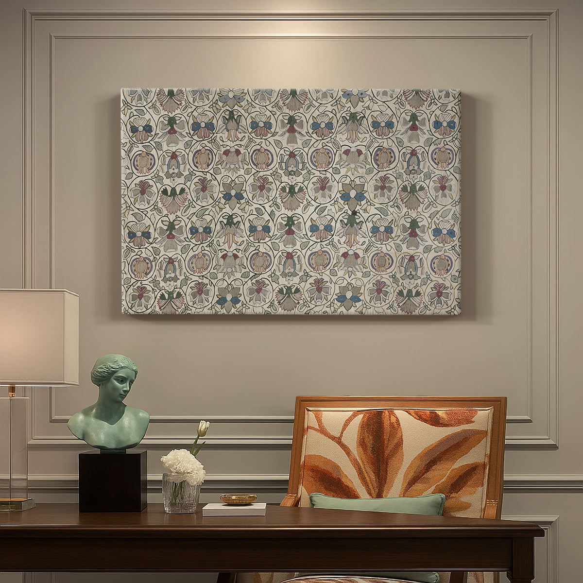 Canvas art print featuring a repeating floral pattern with symmetrical layout across elongated textile surface, presented within a refined interior setting