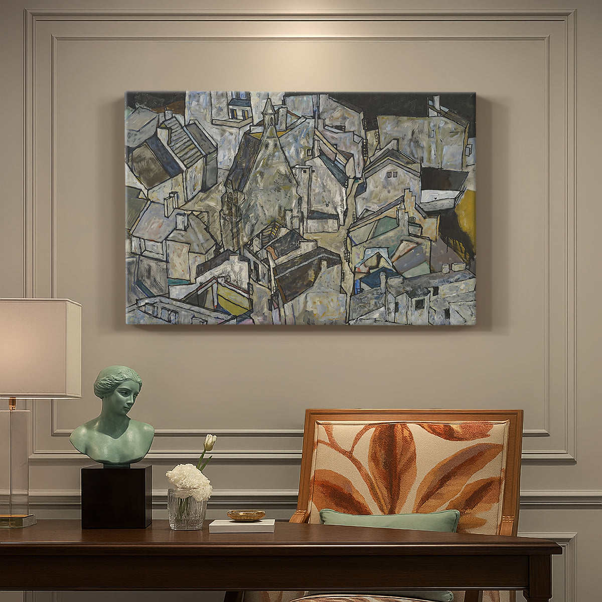 Canvas art print featuring clustered geometric houses forming dense urban landscape with sharp angles, presented within a refined interior setting